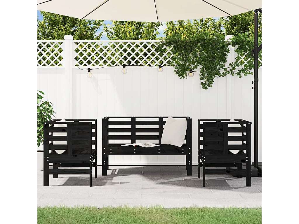Salon de jardin 3 pcs noir bois massif de pin