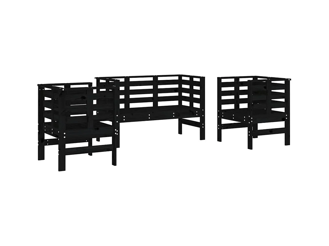 Salon de jardin 3 pcs noir bois massif de pin