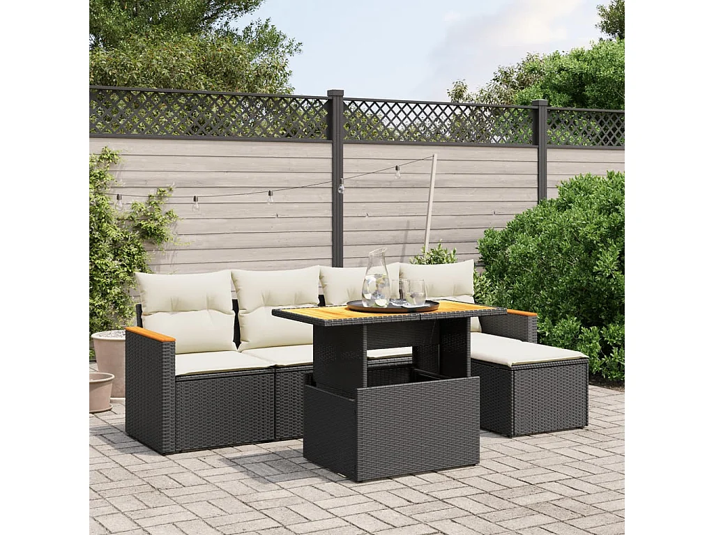 Salon de jardin 6 pcs avec coussins noir résine tressée