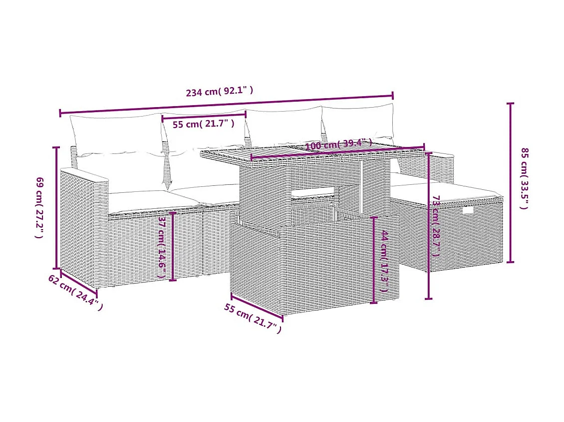 Salon de jardin 6 pcs avec coussins noir résine tressée