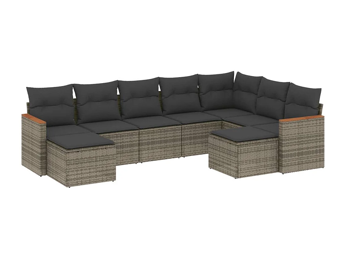 Salon de jardin 9 pcs avec coussins gris résine tressée