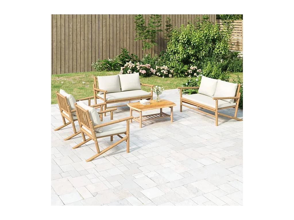 Salon de jardin 5 pcs avec coussins blanc crème bambou