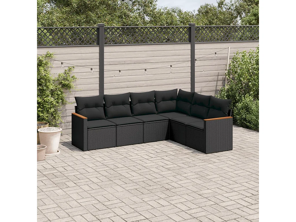 Salon de jardin 6 pcs avec coussins noir résine tressée