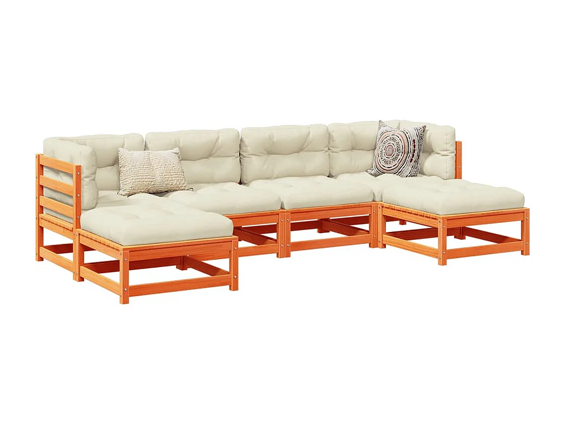 Salon de jardin 6 pcs avec coussins cire marron bois pin massif