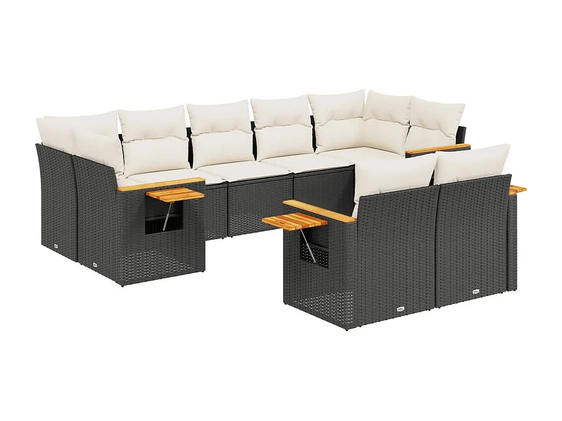 Salon de jardin 9 pcs avec coussins noir résine tressée