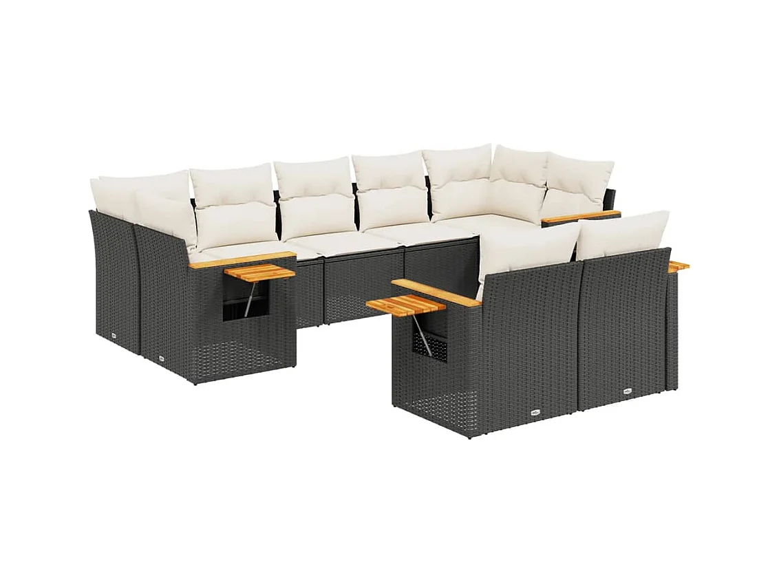 Salon de jardin 9 pcs avec coussins noir résine tressée