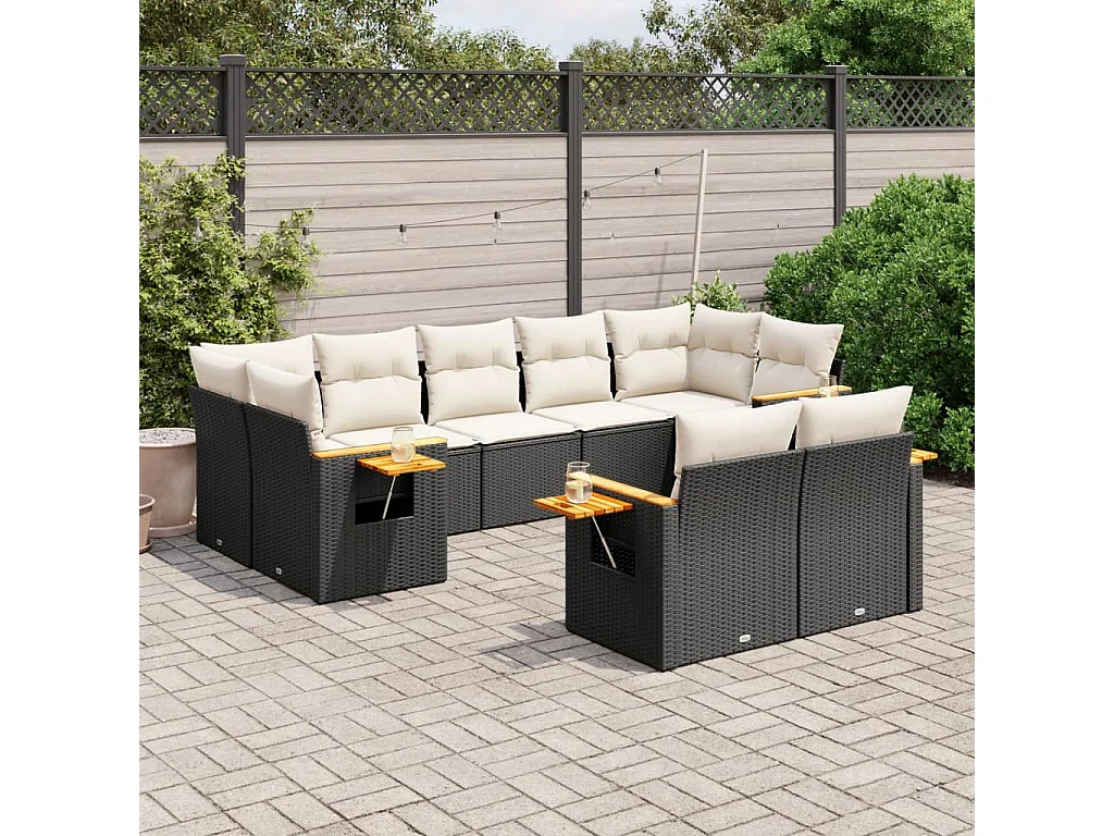 Salon de jardin 9 pcs avec coussins noir résine tressée