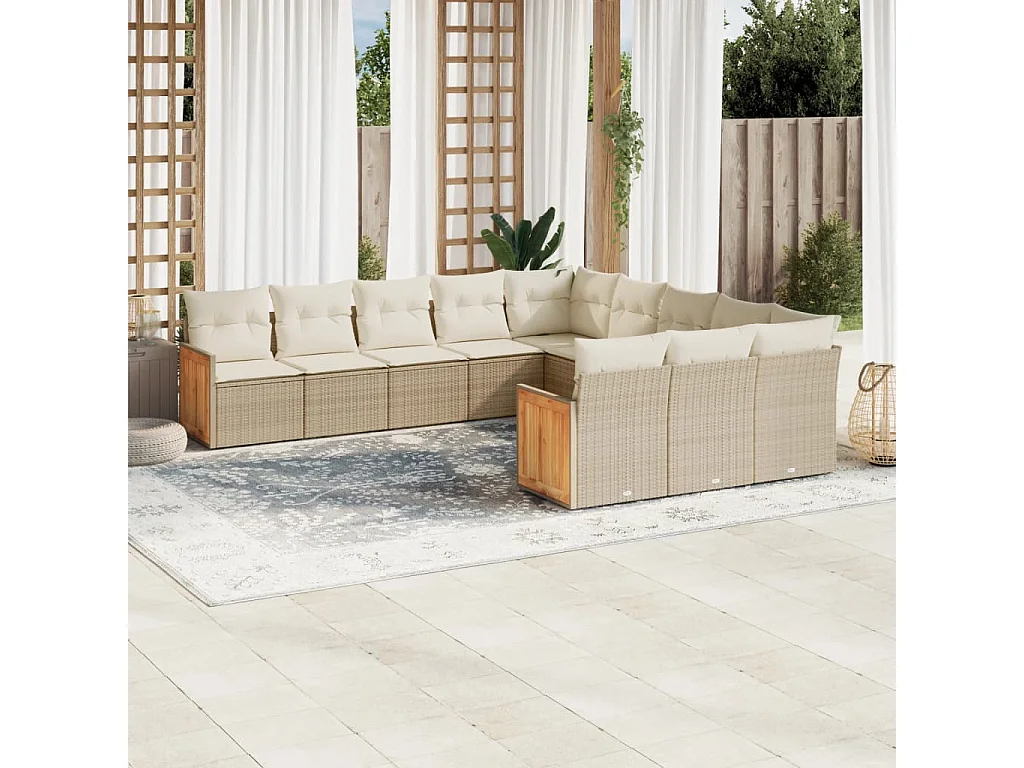 Salon de jardin 11 pcs avec coussins beige résine tressée
