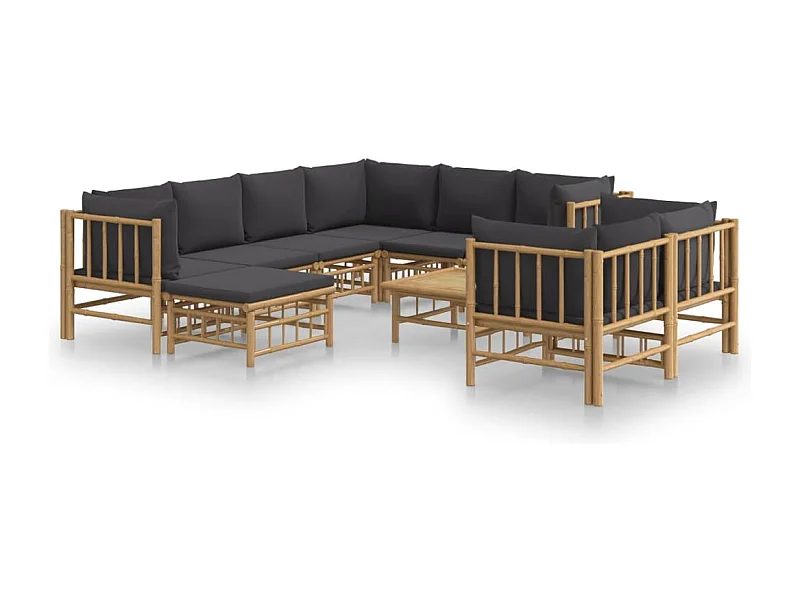 Salon de jardin 10 pcs avec coussins gris foncé bambou