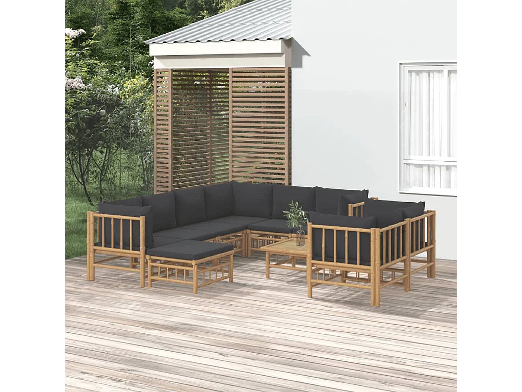 Salon de jardin 10 pcs avec coussins gris foncé bambou