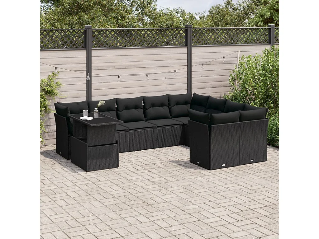 Salon de jardin 10 pcs avec coussins noir résine tressée