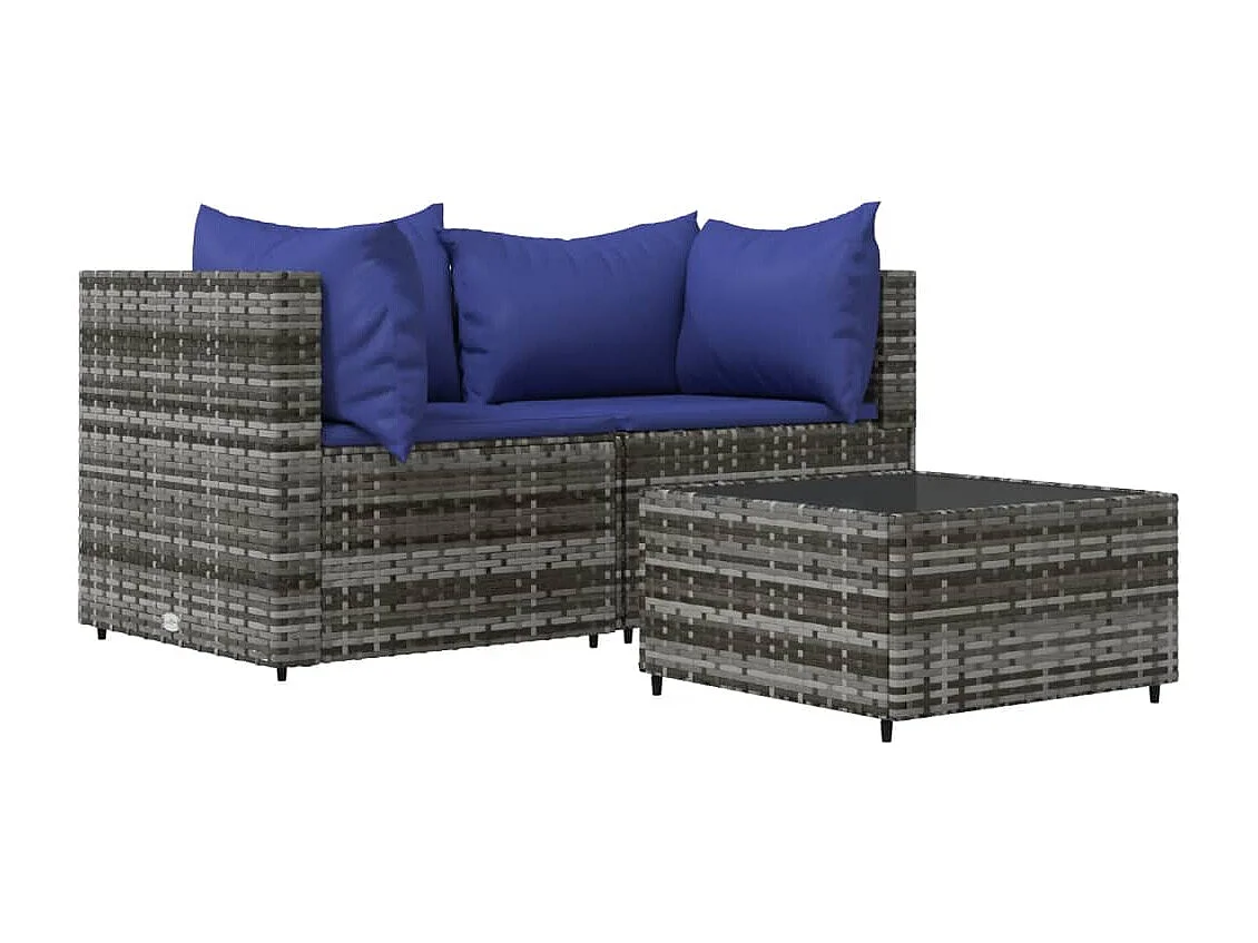 Salon de jardin 3 pcs avec coussins Gris Résine tressée