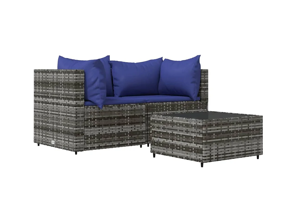 Salon de jardin 3 pcs avec coussins Gris Résine tressée