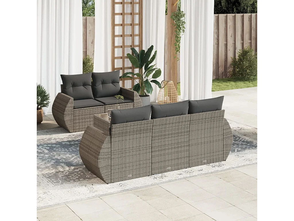 Salon de jardin 6 pcs avec coussins gris résine tressée