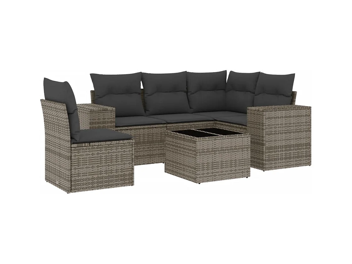 Salon de jardin 6 pcs avec coussins gris résine tressée