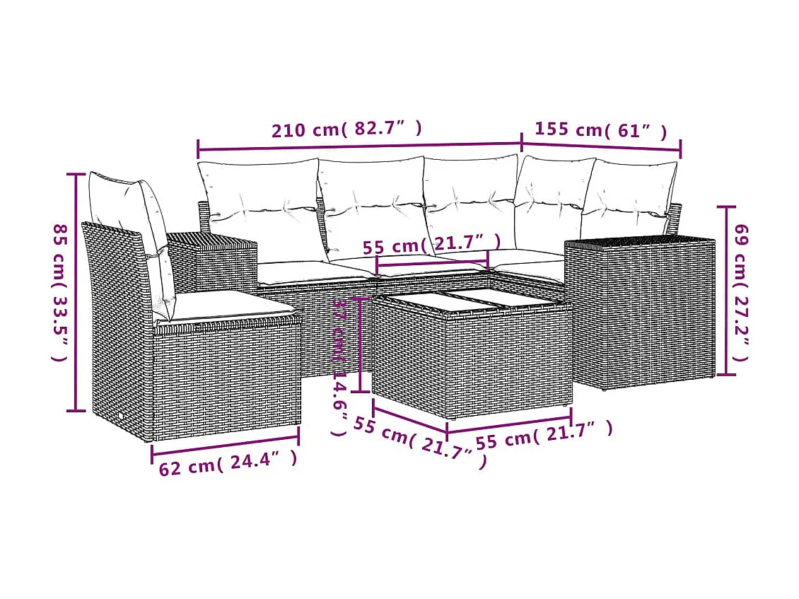 Salon de jardin 6 pcs avec coussins gris résine tressée