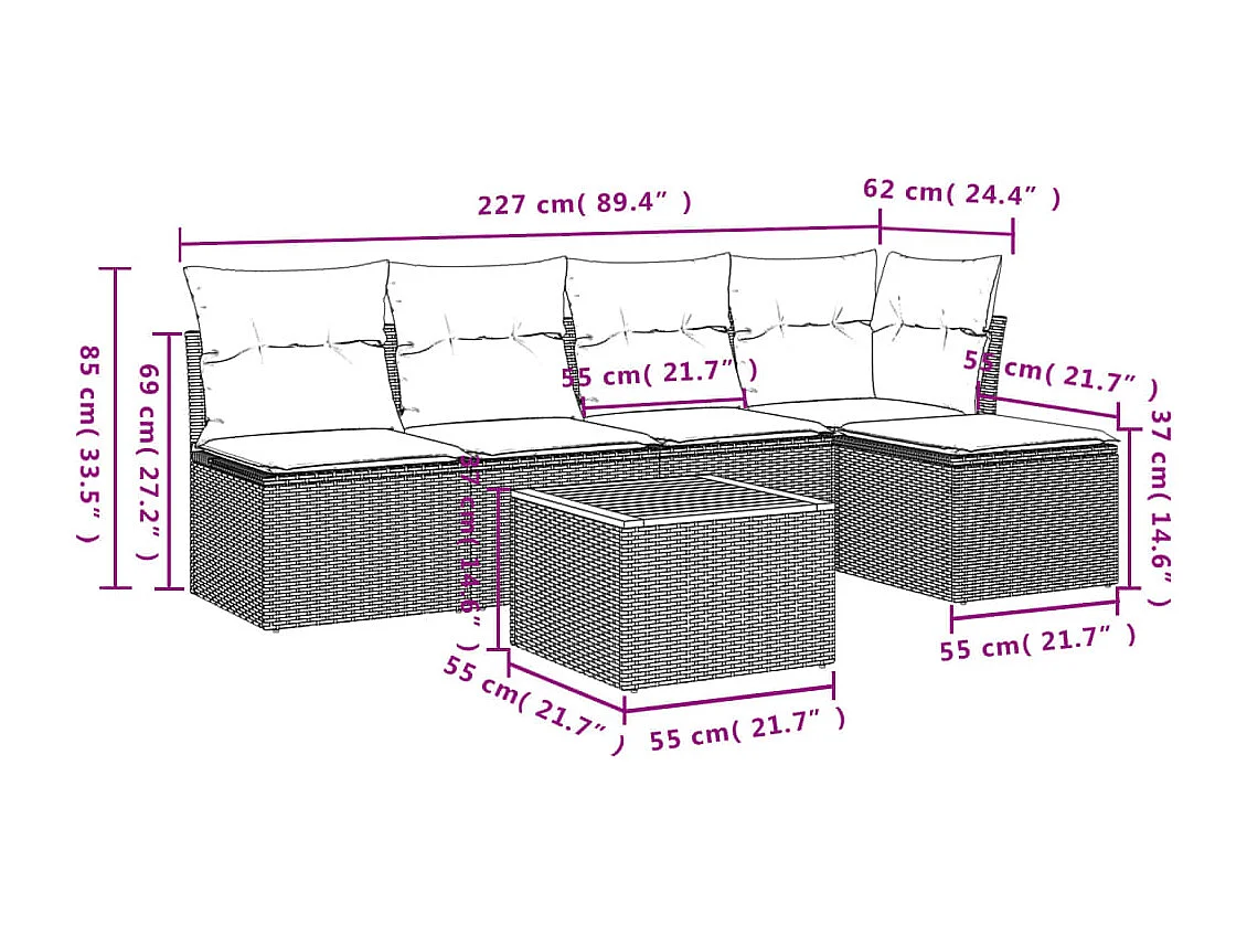 Salon de jardin avec coussins 6 pcs beige résine tressée