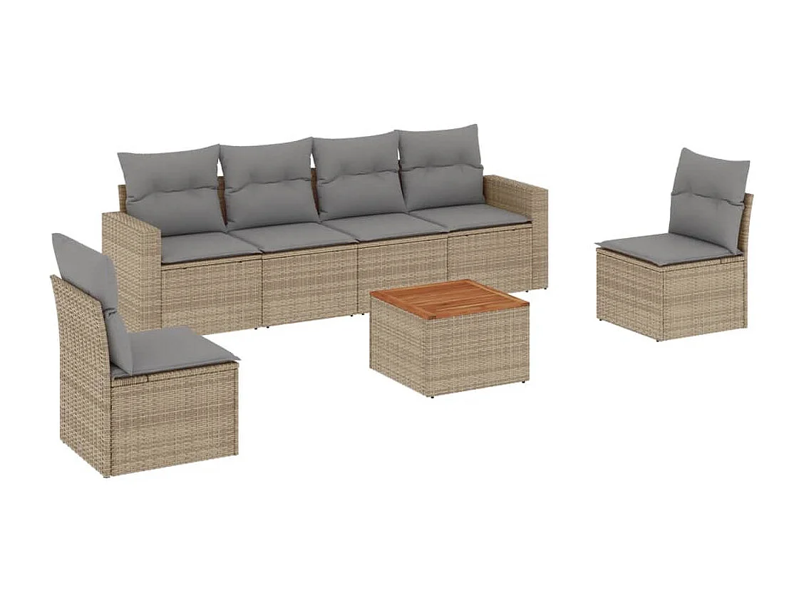 Salon de jardin avec coussins 7 pcs beige résine tressée