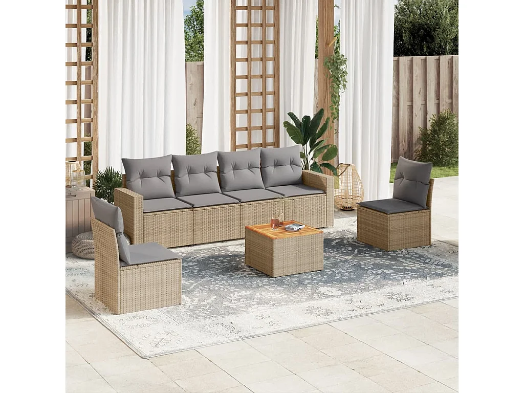 Salon de jardin avec coussins 7 pcs beige résine tressée