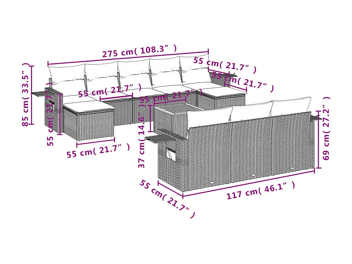 Salon de jardin 11 pcs avec coussins beige résine tressée