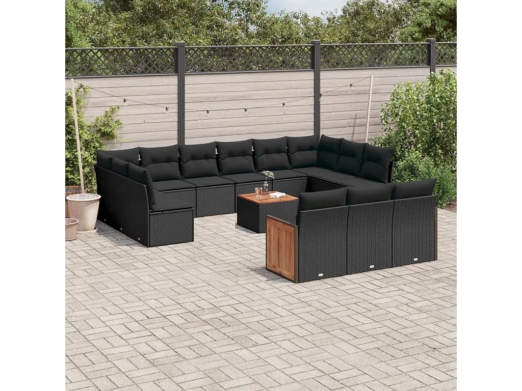 Salon de jardin avec coussins 14 pcs noir résine tressée