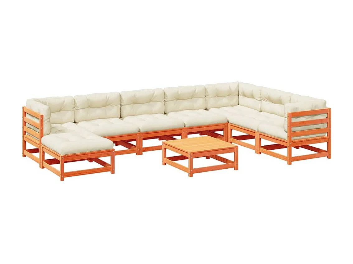 Salon de jardin 9 pcs avec coussins marron cire bois pin massif