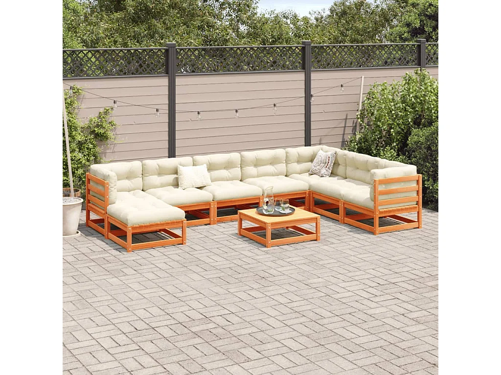Salon de jardin 9 pcs avec coussins marron cire bois pin massif