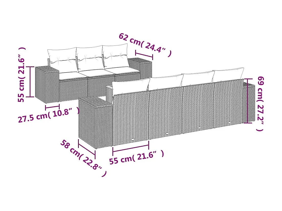 Salon de jardin 8 pcs avec coussins noir résine tressée