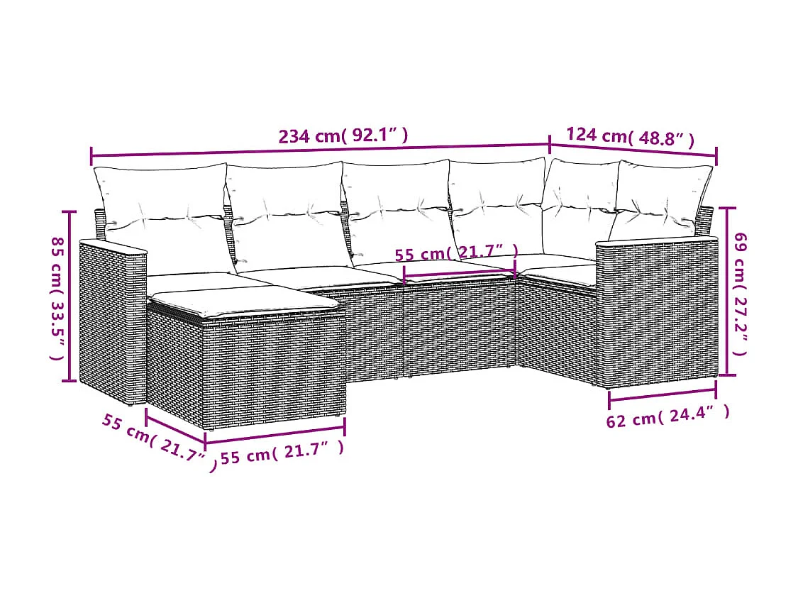 Salon de jardin 6 pcs avec coussins gris résine tressée