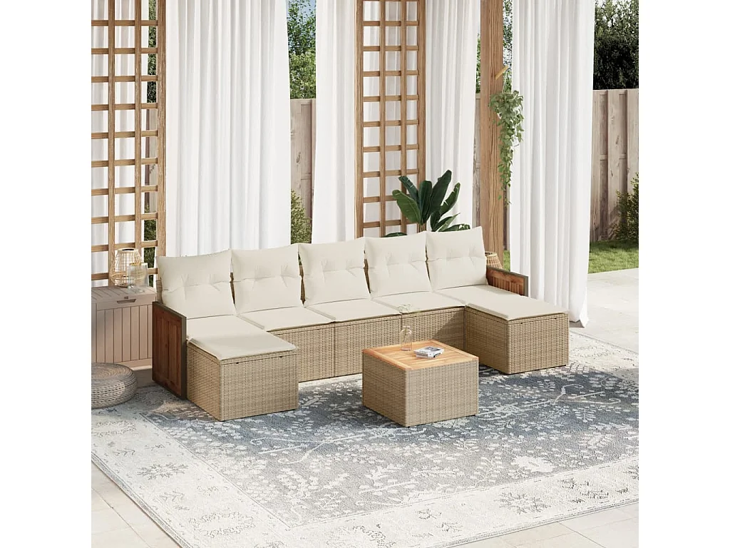 Salon de jardin avec coussins 8 pcs beige résine tressée