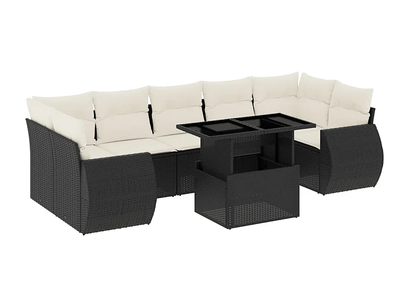 Salon de jardin 8 pcs avec coussins noir résine tressée