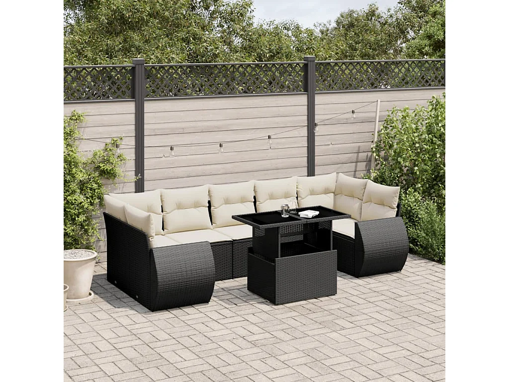 Salon de jardin 8 pcs avec coussins noir résine tressée