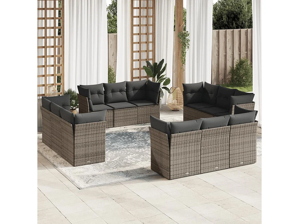 Salon de jardin avec coussins 12 pcs gris résine tressée