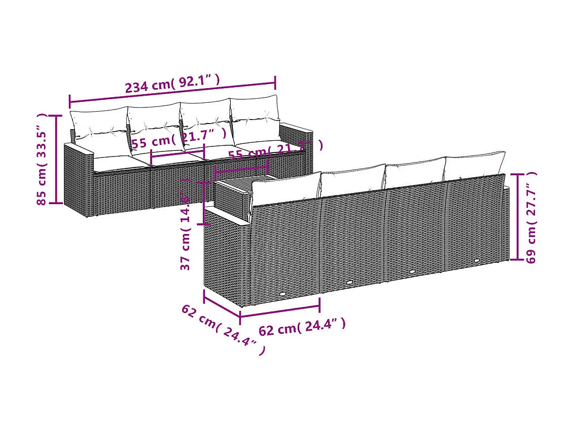 Salon de jardin 9 pcs avec coussins gris résine tressée