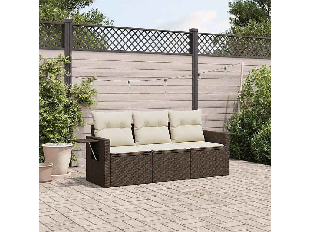 Salon de jardin avec coussins 3 pcs marron résine tressée