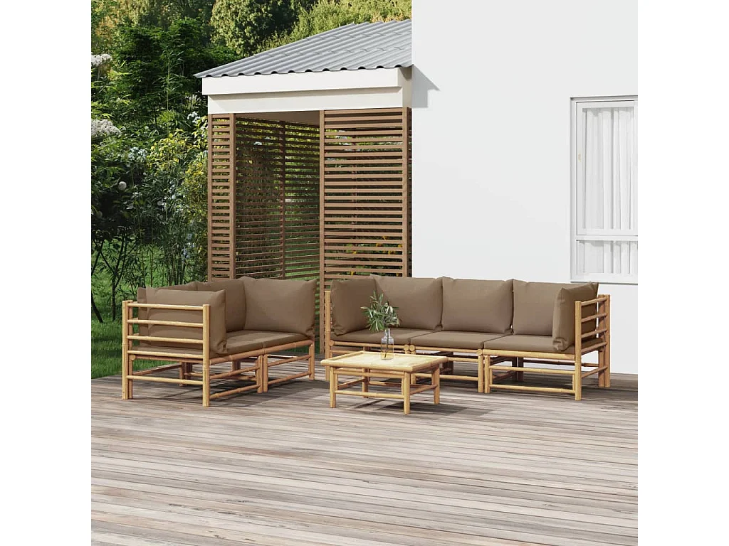Salon de jardin 6 pcs avec coussins taupe bambou