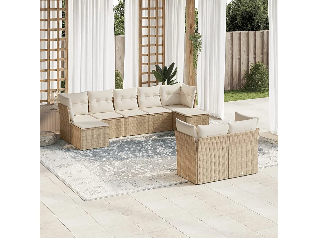 Salon de jardin avec coussins 9 pcs beige résine tressée