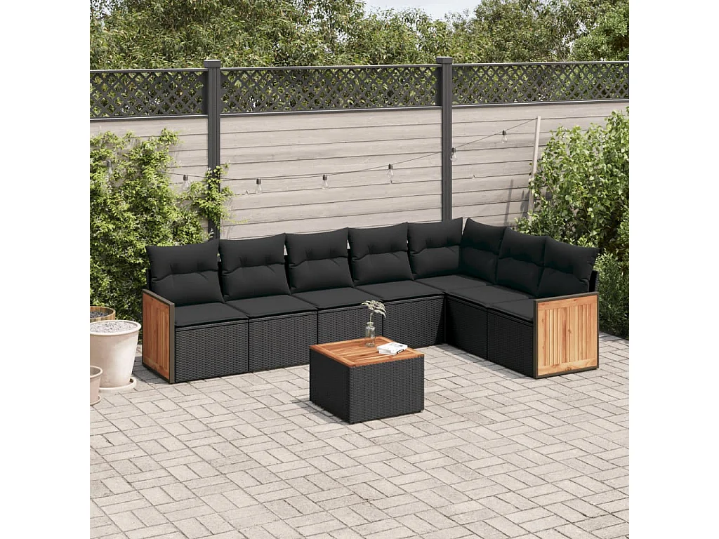 Salon de jardin 8 pcs avec coussins noir résine tressée
