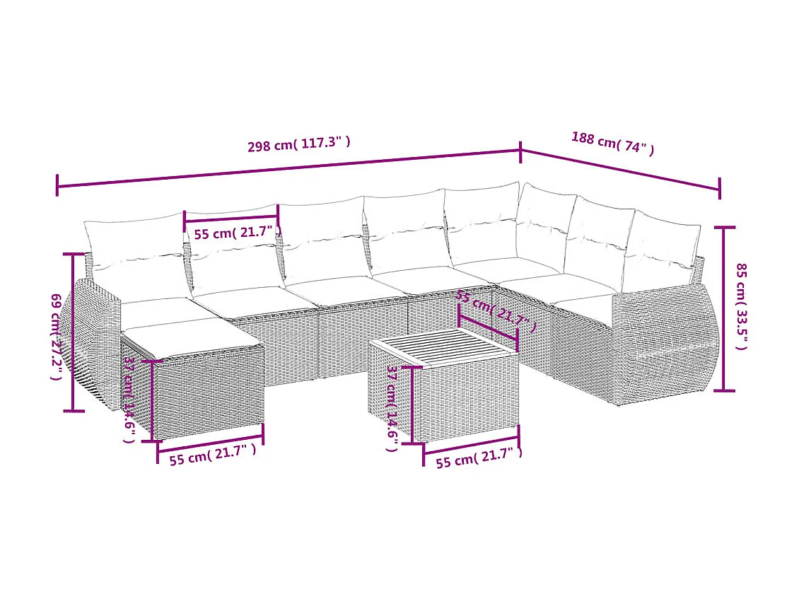Salon de jardin avec coussins 9 pcs beige résine tressée