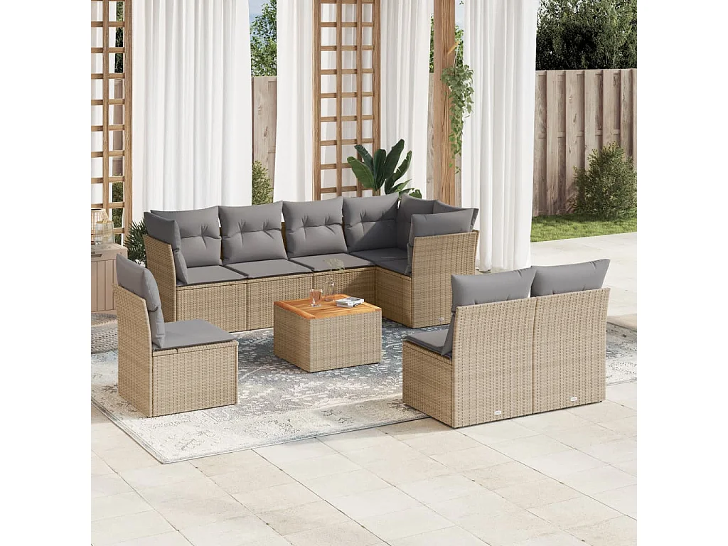 Salon de jardin avec coussins 9 pcs beige résine tressée