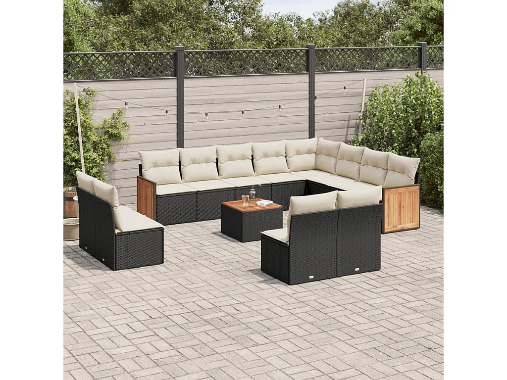Salon de jardin avec coussins 13 pcs noir résine tressée