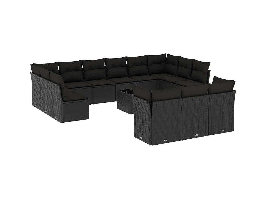 Salon de jardin avec coussins 14 pcs noir résine tressée