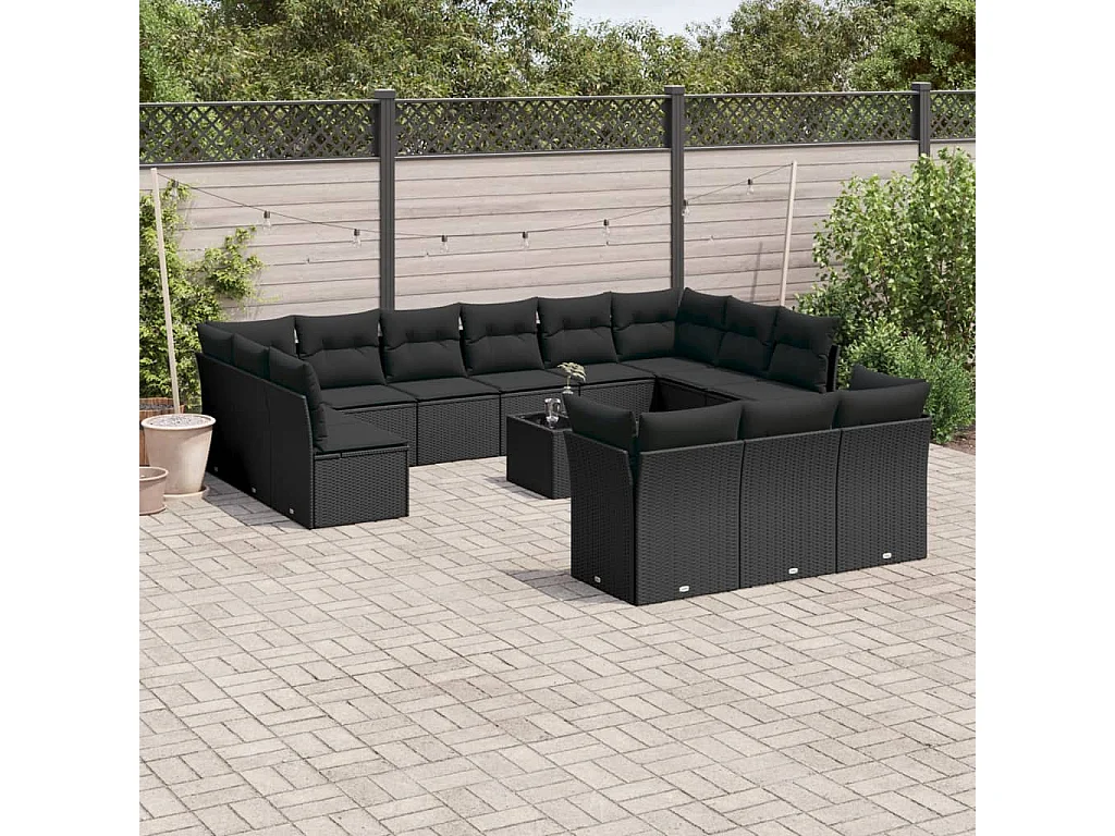 Salon de jardin avec coussins 14 pcs noir résine tressée