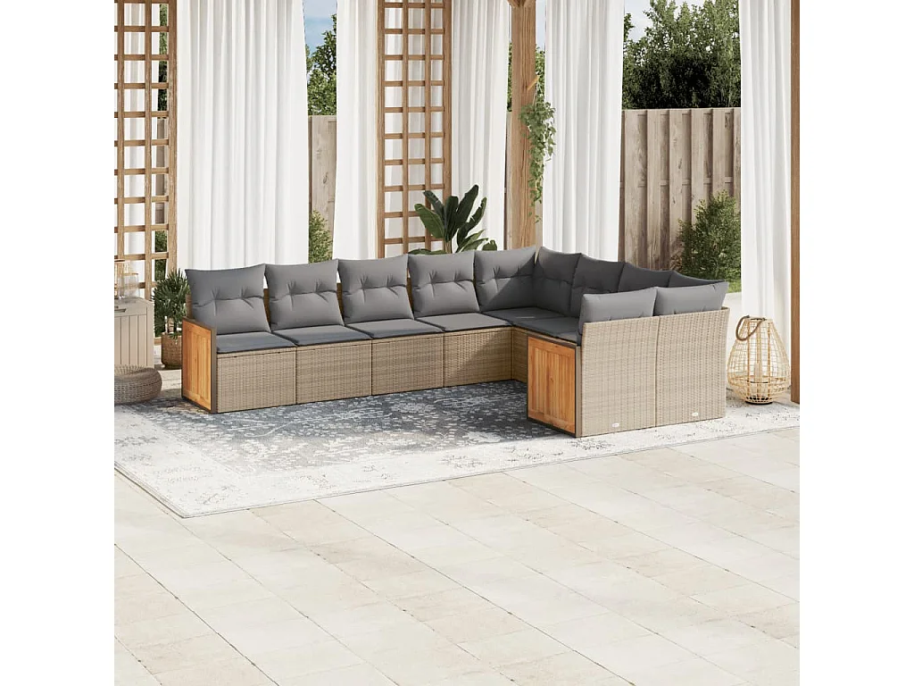 Salon de jardin avec coussins 9 pcs beige résine tressée