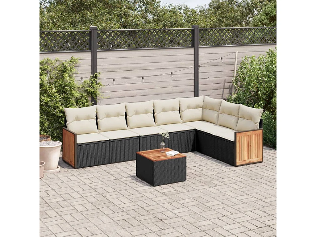 Salon de jardin 8 pcs avec coussins noir résine tressée
