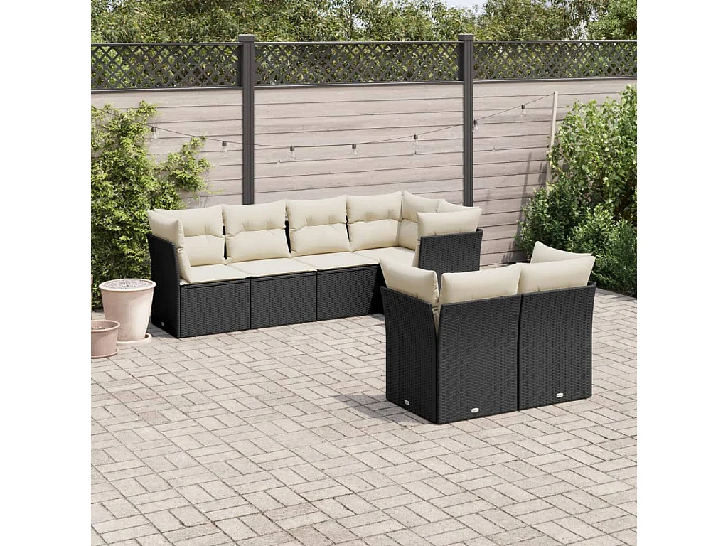 Salon de jardin 7 pcs avec coussins noir résine tressée