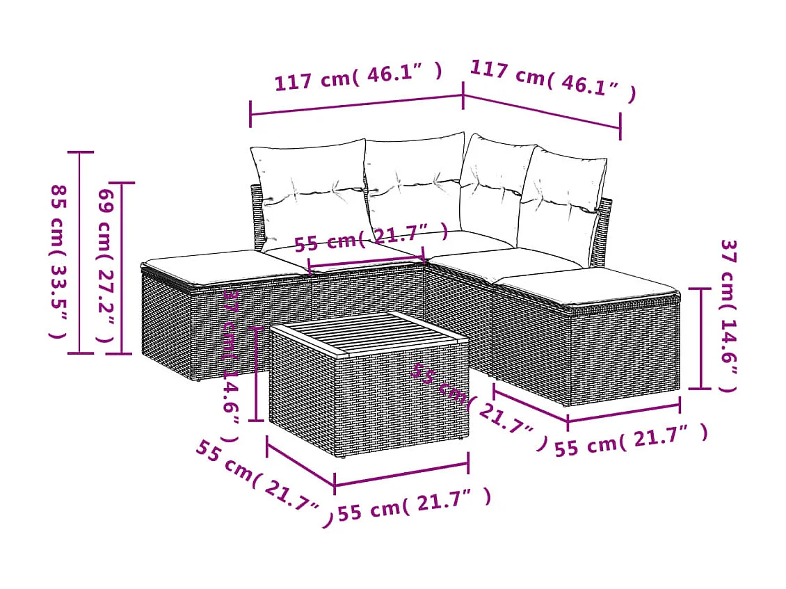 Salon de jardin 6 pcs avec coussins gris résine tressée