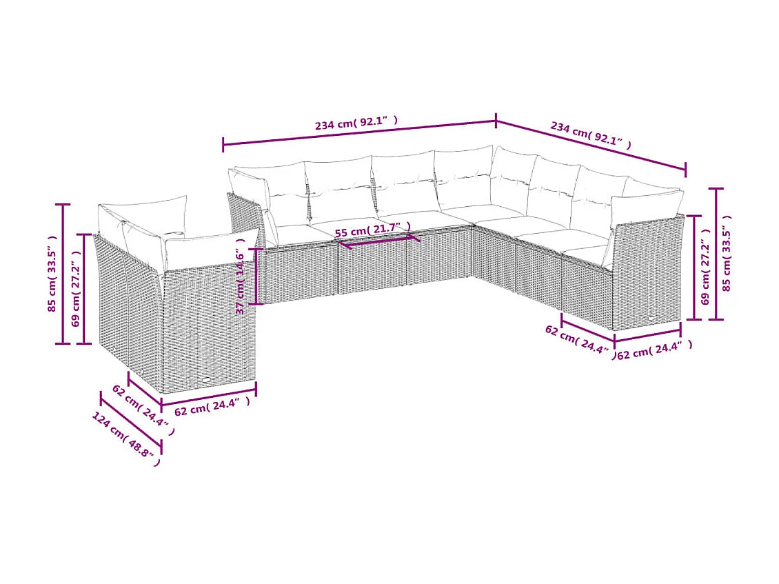Salon de jardin avec coussins 9 pcs beige résine tressée