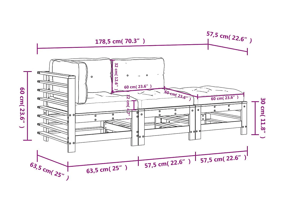 Salon de jardin 3 pcs avec coussins blanc bois massif