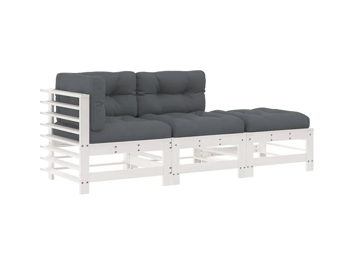 Salon de jardin 3 pcs avec coussins blanc bois massif